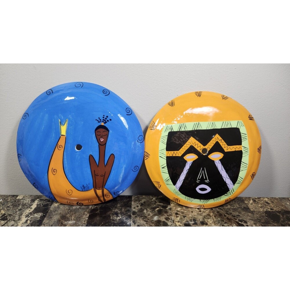 Sandra Zebi Designs Ceramic Wall Art Plate African Mermaid Woman Tribal Set Of 2